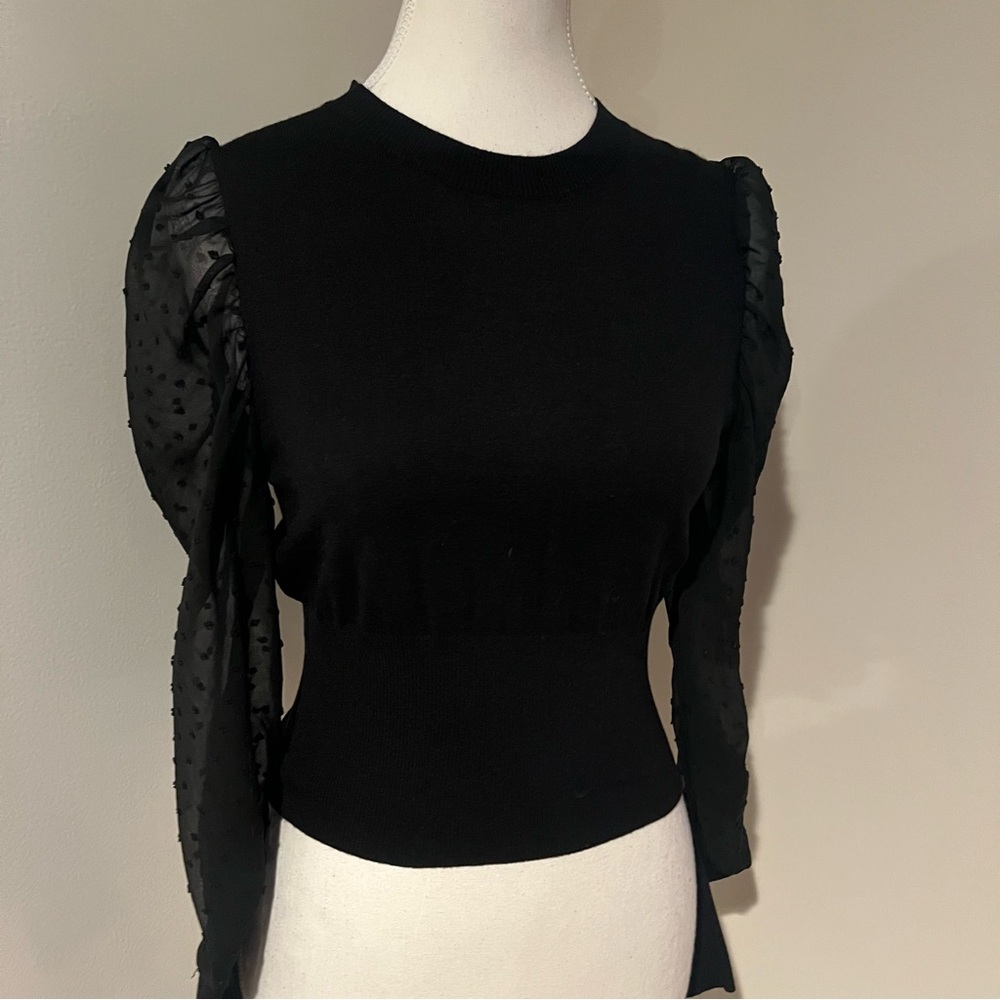 Black Knit Sweater Mesh Dotted Sleeves